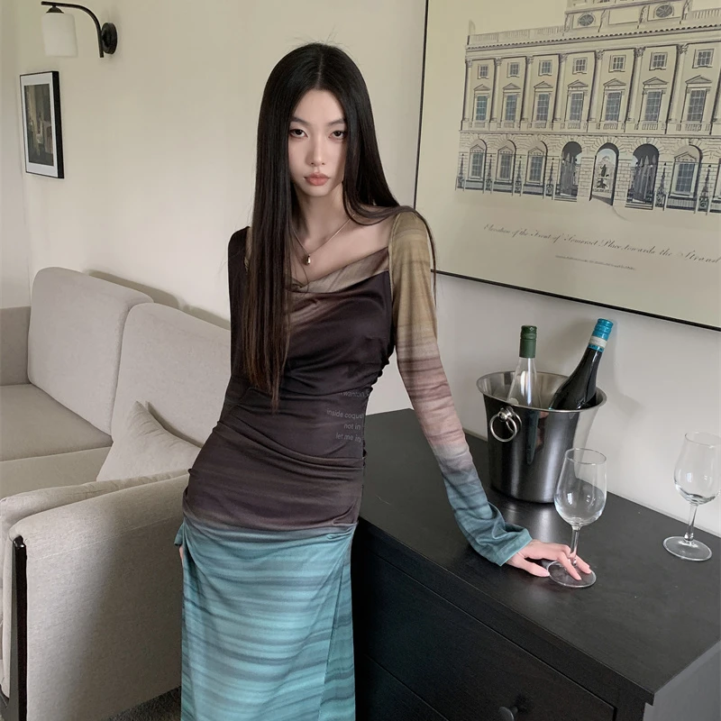 法式复古撞色长袖连衣裙女装夏季高级感气质修身显瘦包臀裙长裙子