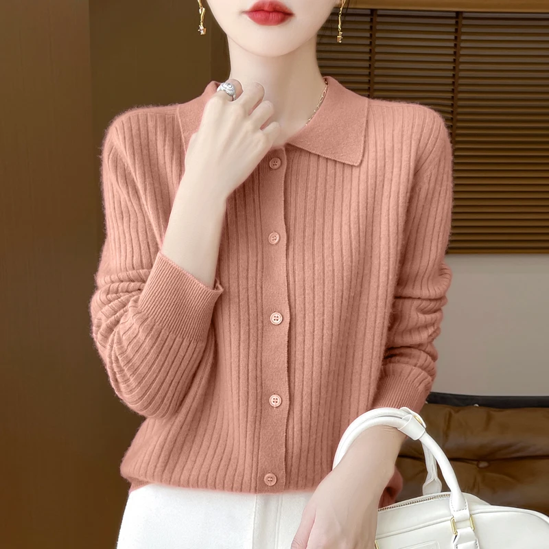 100%高端纯羊毛翻领抽条开衫针织长袖女士纯色宽松秋季显瘦洋气