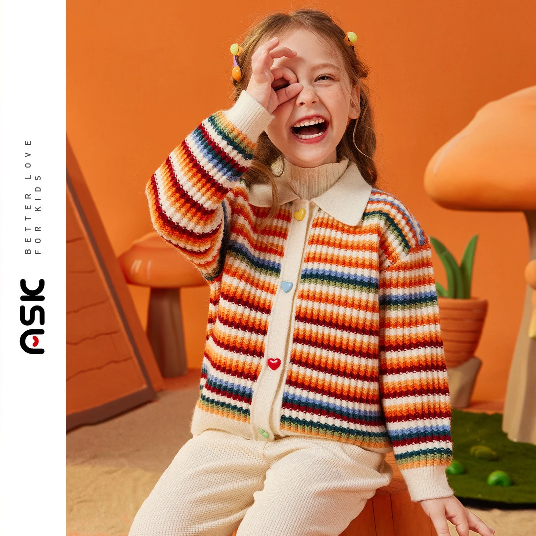 【包邮】ASK JUNIOR女童毛衣23秋小童彩虹条纹翻领线衫爱心扣开衫