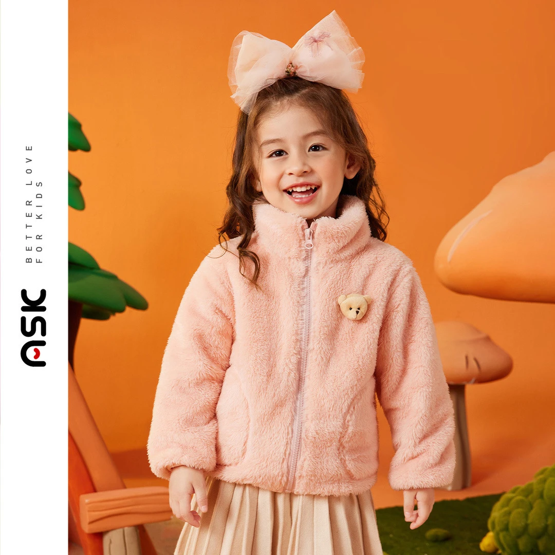 ASK JUNIOR女童外套2023冬小童双面北极绒立体小熊休闲毛毛外套