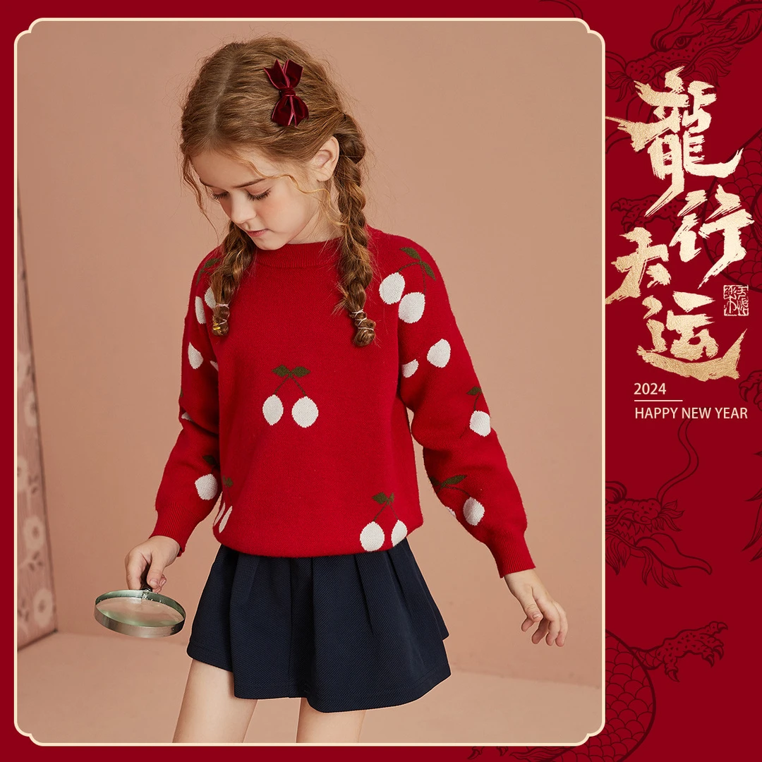 ASK JUNIOR【拜年服】女童毛衣2023冬加厚保暖儿童印花落肩双层毛衣