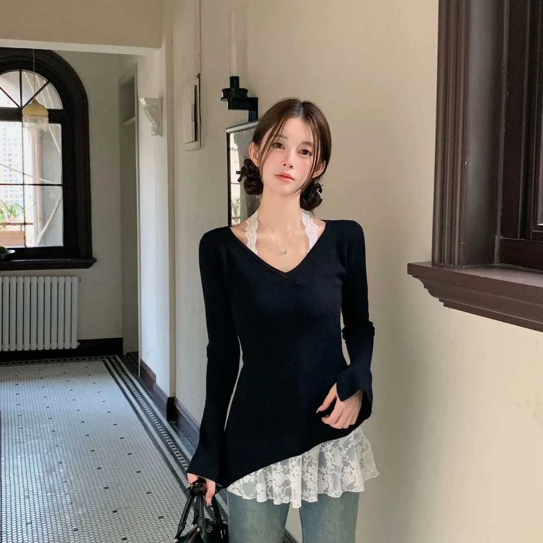 BETMASS新款慵懒风V领不规则黑色长袖T恤女秋冬新款设计感上衣潮