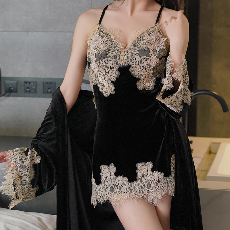 性感睡衣套装女丝绒款纯欲睫毛花边吊带睡裙蕾丝深V家居服