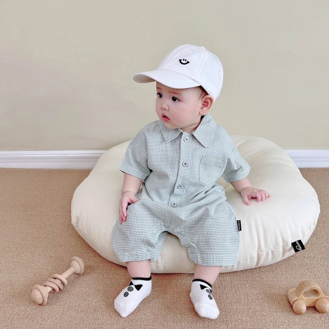 ins婴幼儿爬服夏季薄款小格子连体衣男女宝宝外出服儿童短袖哈衣