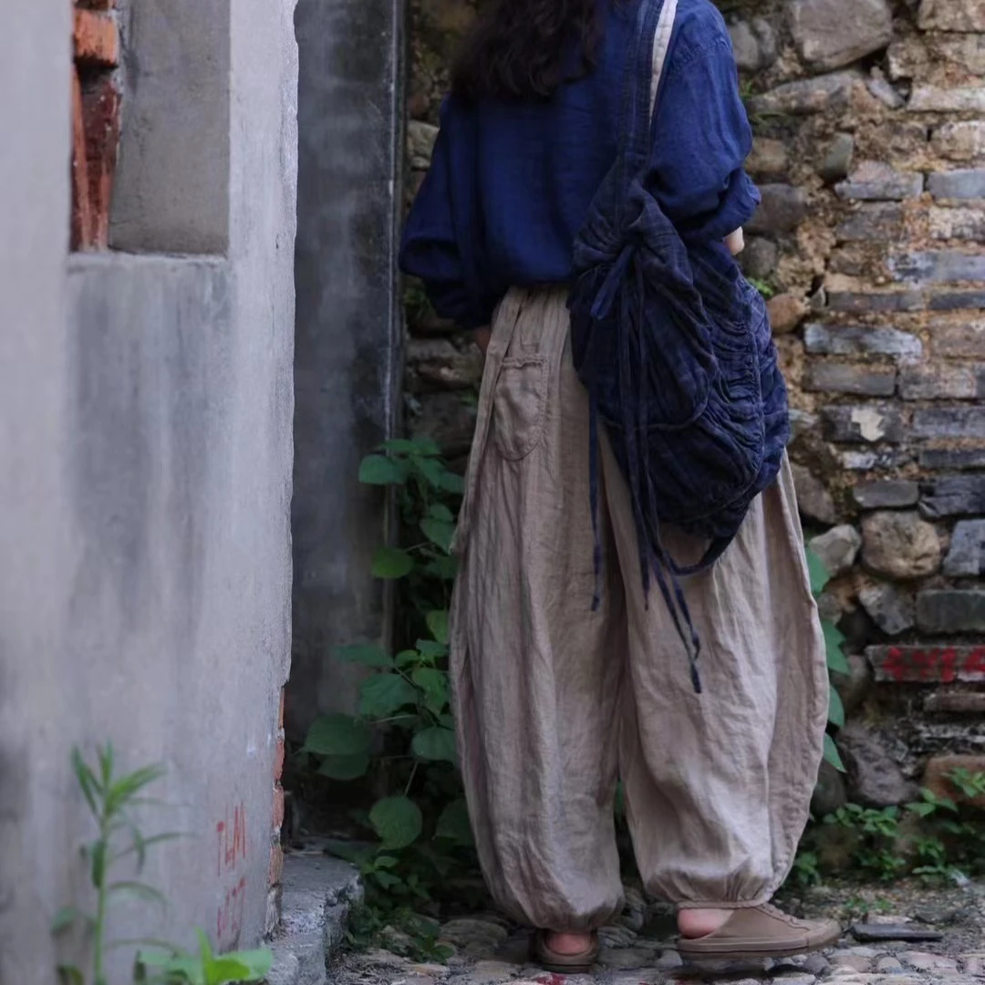 【小姨】分享衣路原创设计砂洗亚麻背带裤，裤长93，松紧腰