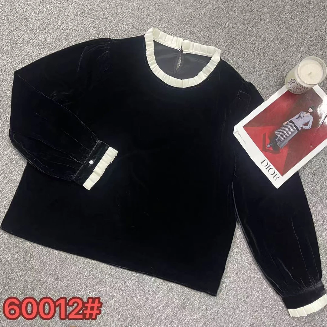 museguhui/木色古汇60012#丝绒拼接木耳边套头衫