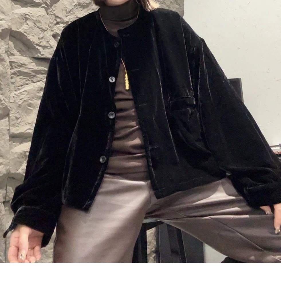 museguhui/木色古汇2127#短复古ins时尚黑色真丝金丝绒小香外套