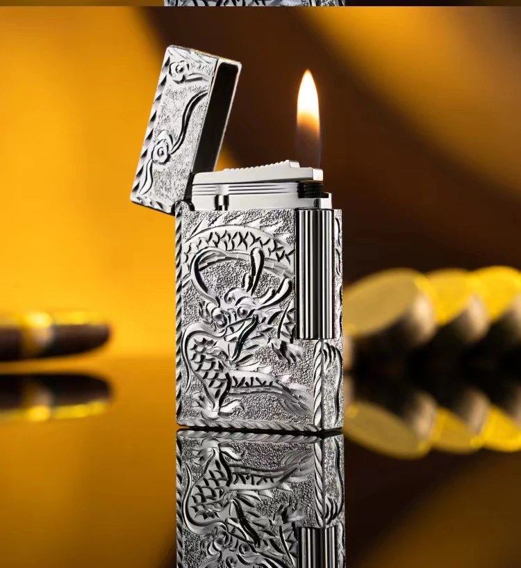 002德鹏龙凤呈祥打火机男士精雕精雕复古金色创意打火机礼盒装