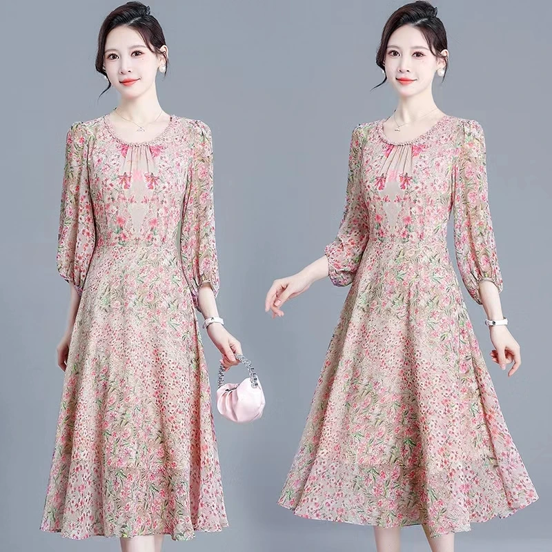 HS113，时尚2023新款甜美气质温柔修身粉色碎花雪纺连衣裙