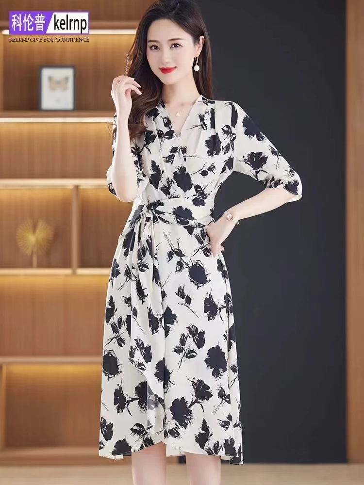 L787，【专柜正品】时尚2023春秋气质轻奢印花收腰显瘦V领连衣裙（欣）