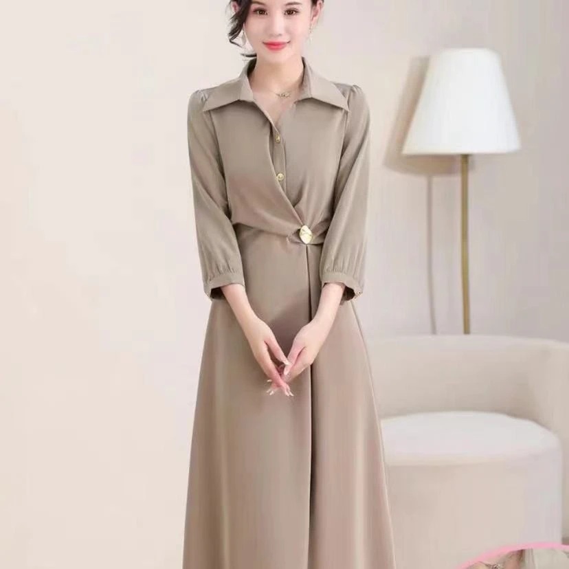 HS079，时尚2023秋季新款气质修身显瘦遮肚轻奢法式翻领连衣裙