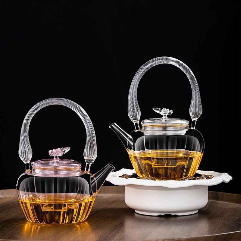 透明粉色蝴蝶花茶壶耐热玻璃煮茶壶家用茶具电陶炉煮茶提梁壶单壶