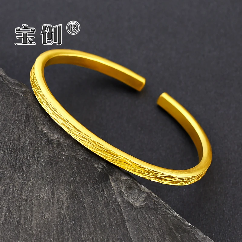 黄金手镯999足金树纹时尚个性实心开口古法肌理纹ins轻奢素金手镯