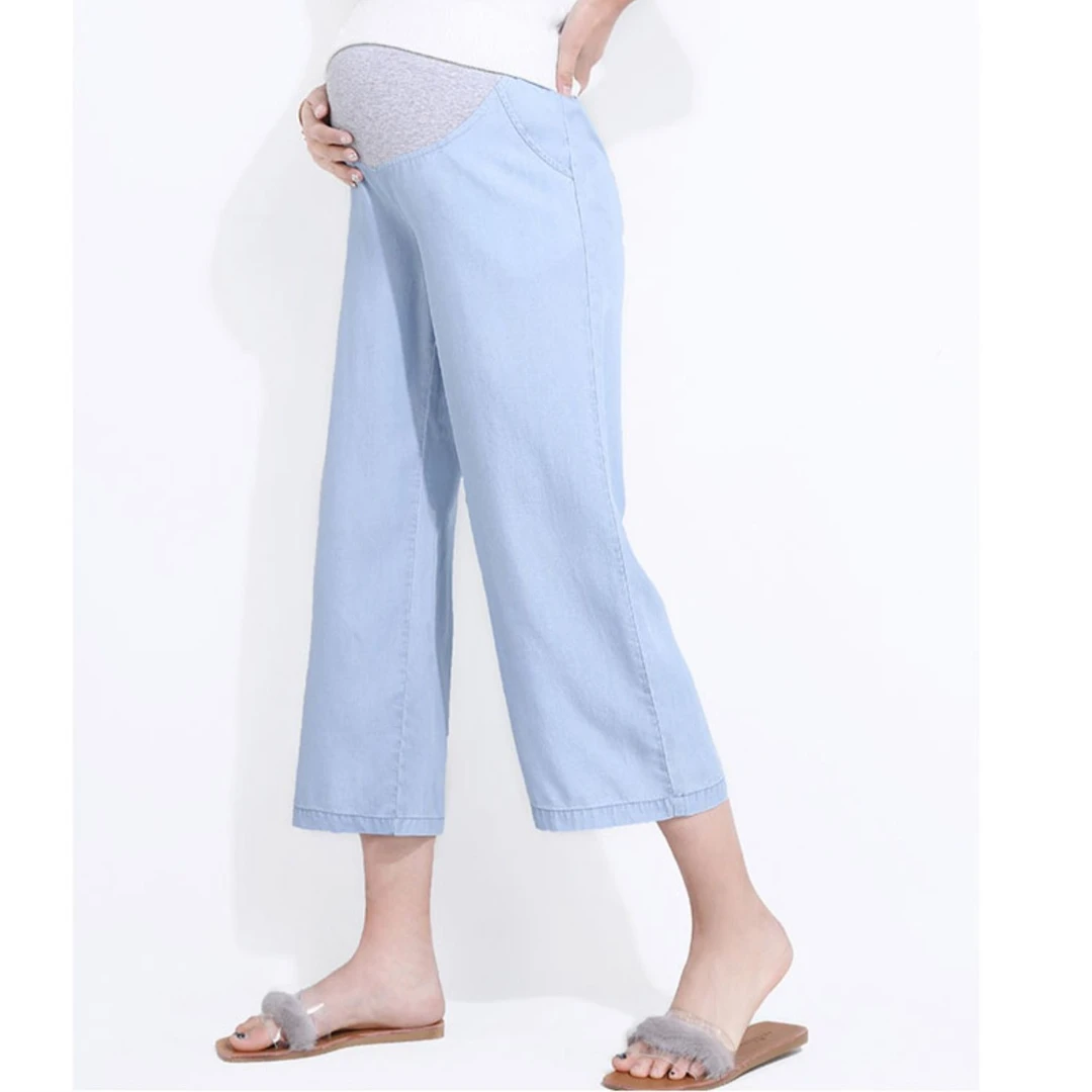 孕妇裤冰丝牛仔阔腿裤夏季薄款垂感宽松九分直筒大码夏装外穿八分