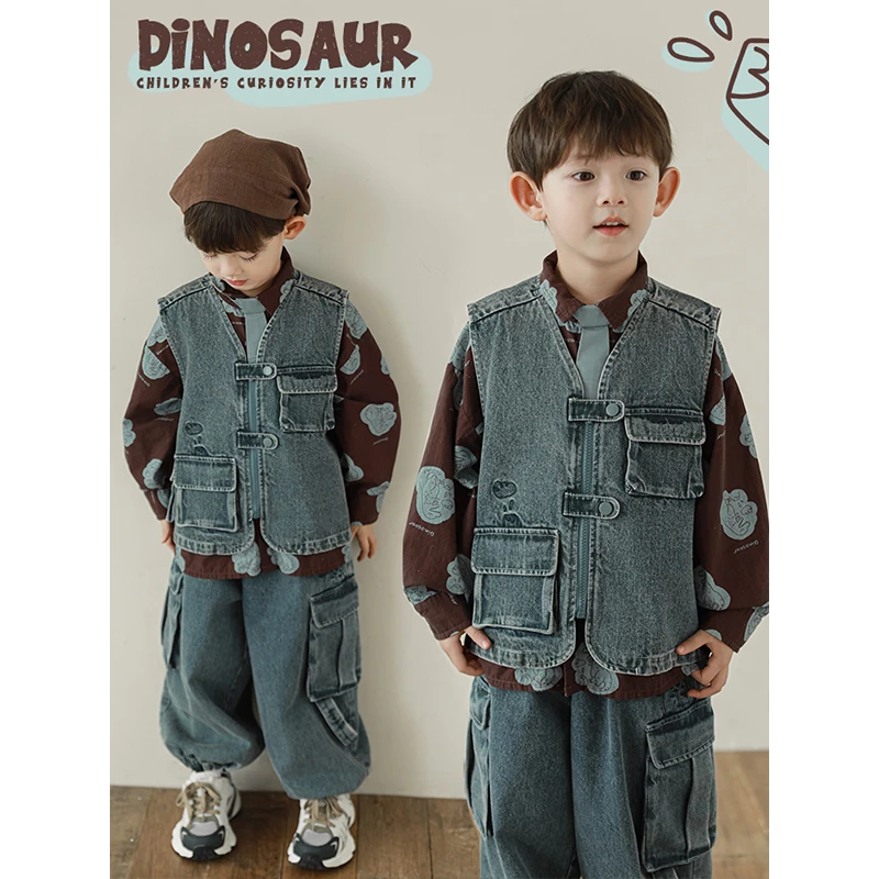 YOEHYAUL/幼悠【史前萌兽】秋三波男童潮流洋气秋款牛仔马甲N5348