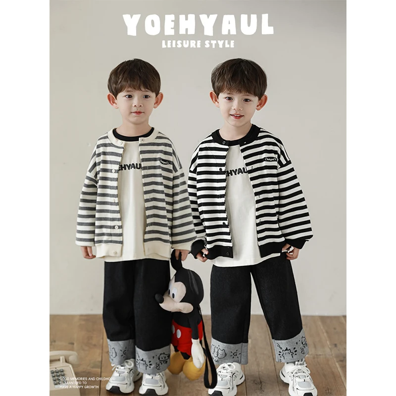 幼悠 男童 秋一波 儿童复古洋气休闲条纹撞色长袖外套 淸 LN0100