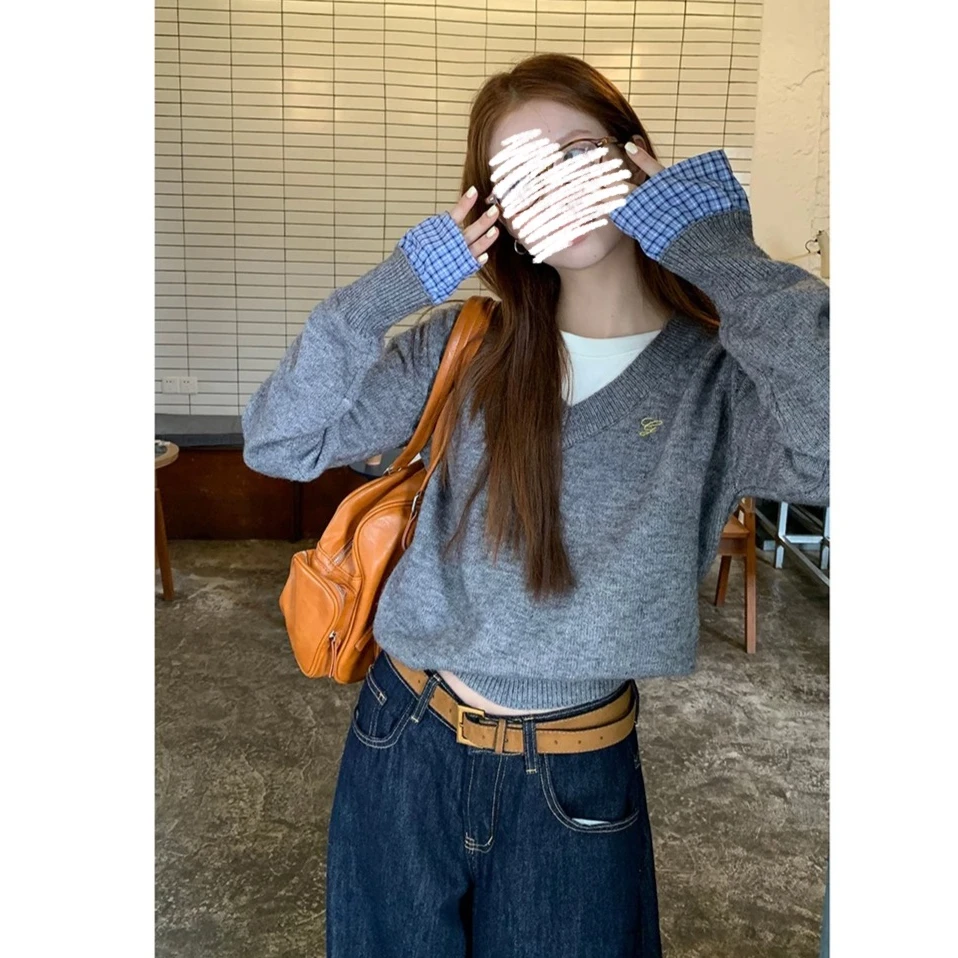 V领套头毛衣女秋冬新款气质百搭宽松显瘦长袖针织上衣