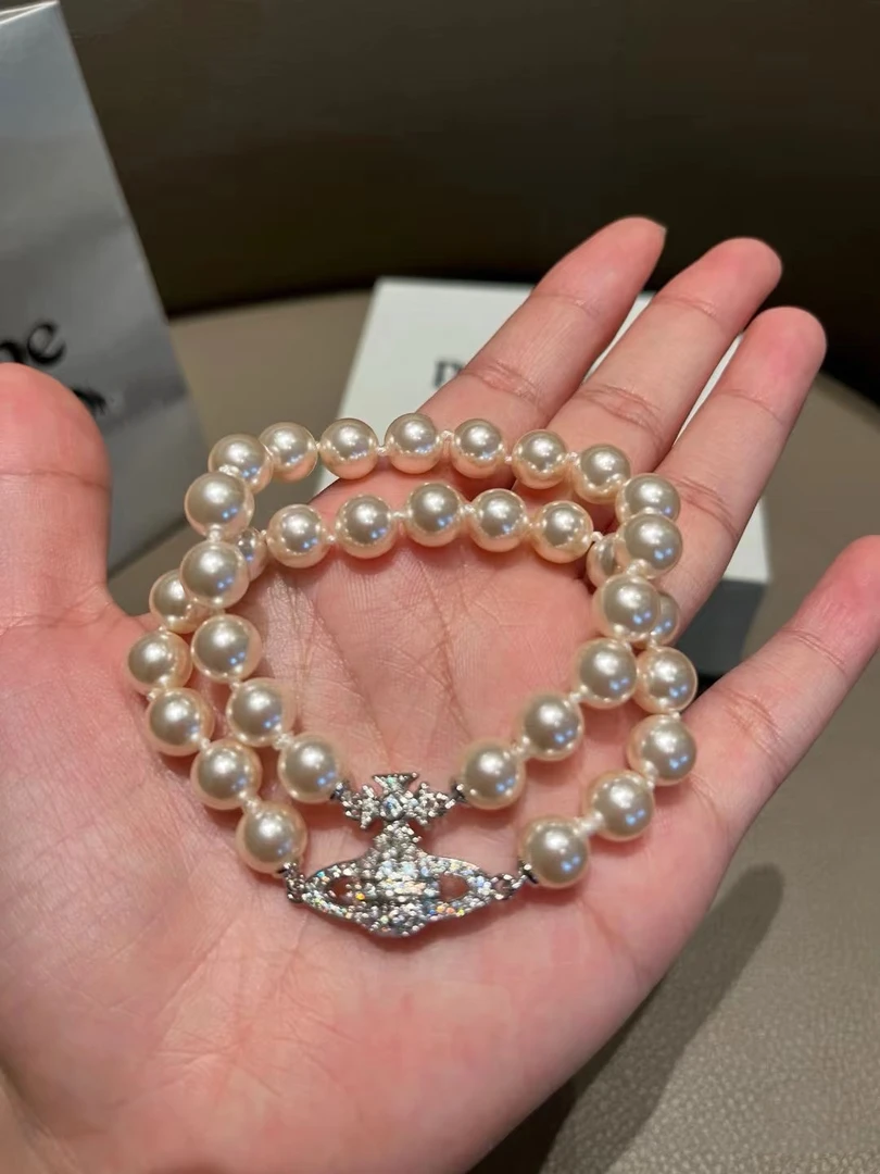 钛钢仿珍珠手链 双层土星手链气质轻奢时尚百搭经典镶嵌银色