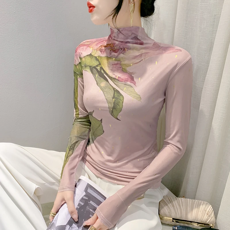 【玲玲纱衣专属】半高领长袖网纱T恤女2023年秋季修身百搭打底衫潮