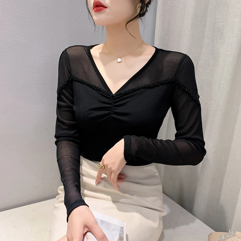 褶皱钉珠V领洋气长袖网纱T恤女2025年秋季新款休闲微透时尚上衣潮