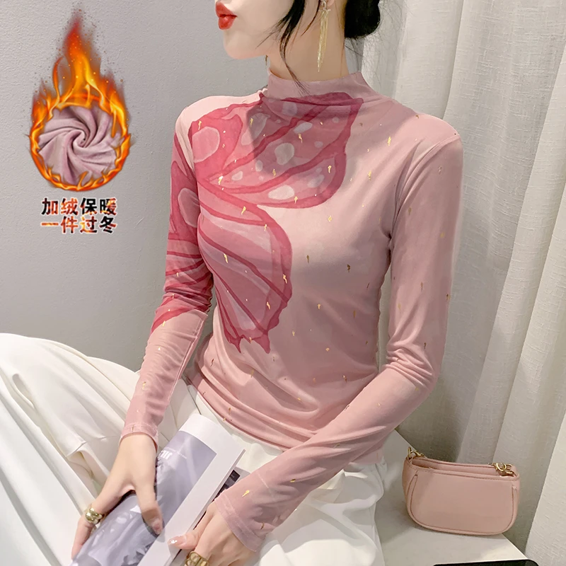 欧货T恤半高领打底衫女网纱长袖2024秋新款蝴蝶印花气质显瘦上衣