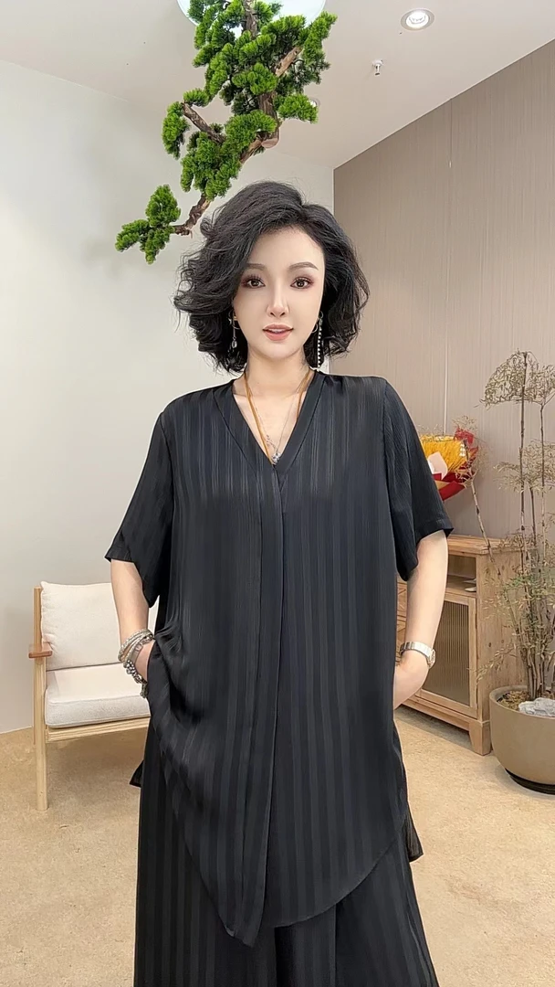 高奢严选丨惠明丨时尚竖条纹V领短袖黑色宽松上衣裤子套装-6103#