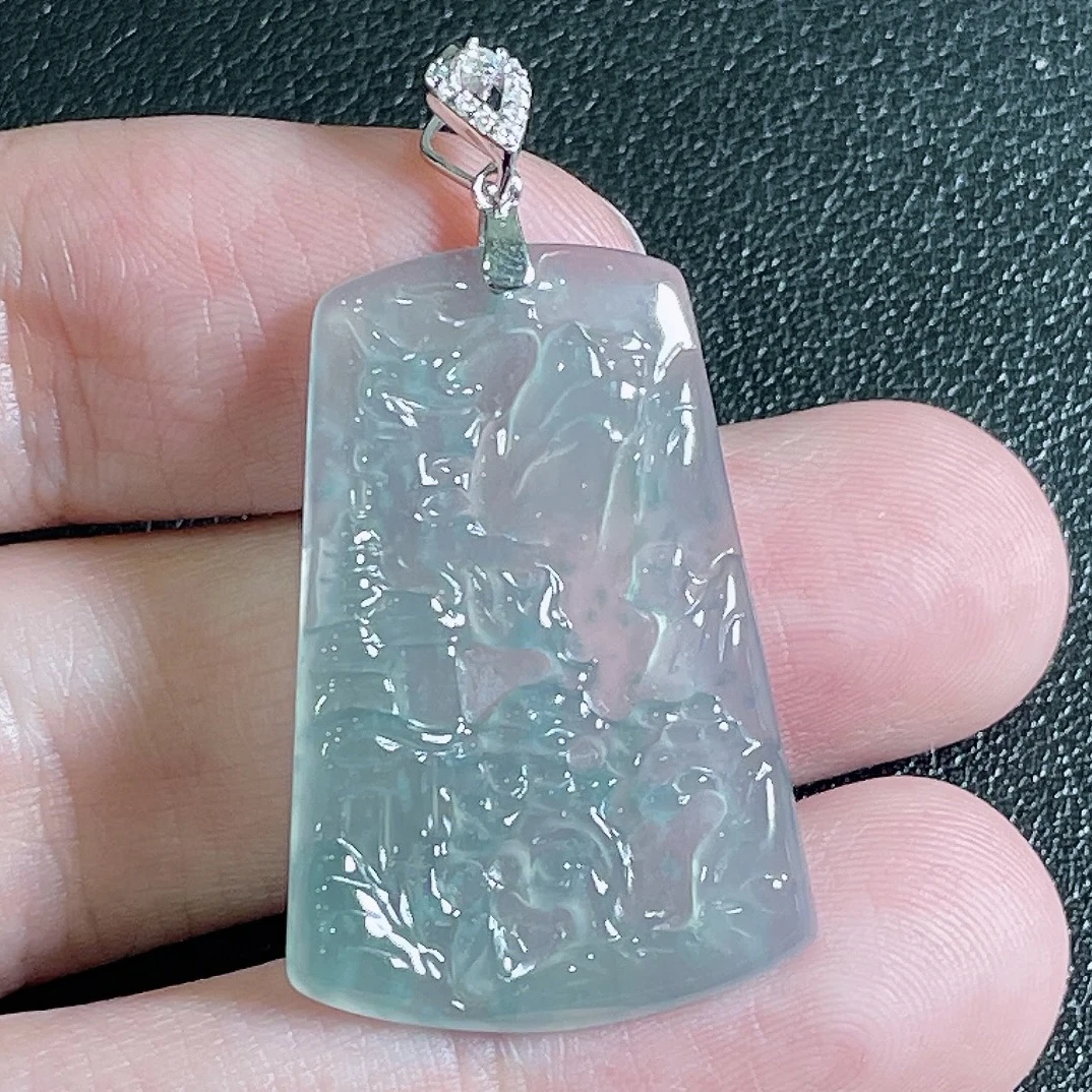 天然A货翡翠蓝冰山水牌吊坠01 （多样性发货)