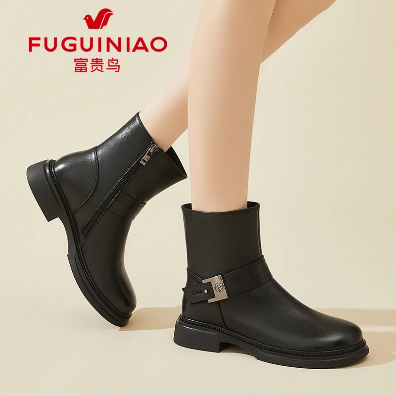 富贵鸟真皮烟筒靴女款软底2025新款秋冬加绒复古舒适平底短靴1175
