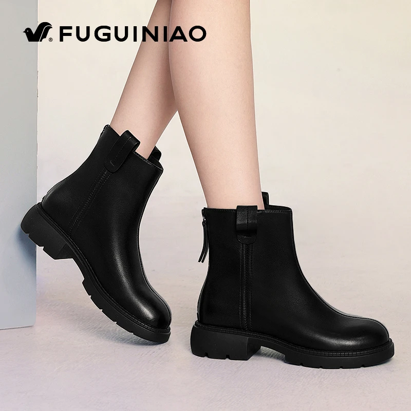 富贵鸟1117羊皮短靴女平底黑色马丁靴新款秋季软皮软底真皮妈妈鞋
