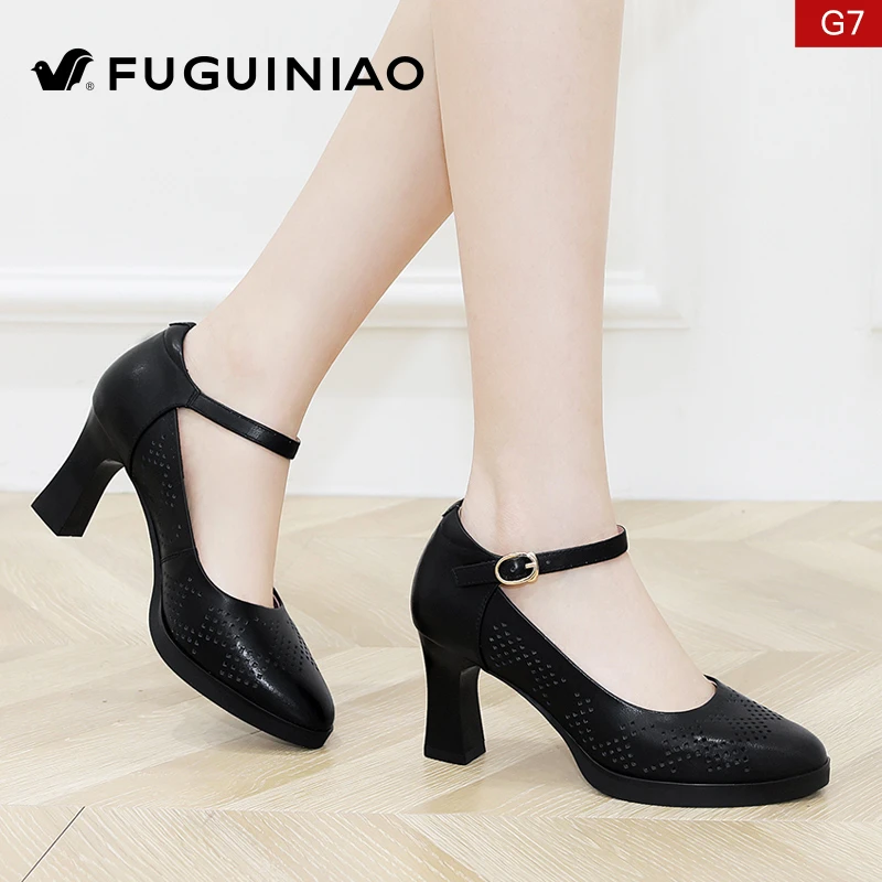 富贵鸟真皮高跟鞋女夏季镂空黑色配旗袍粗跟妈妈鞋品牌大脚鞋0451