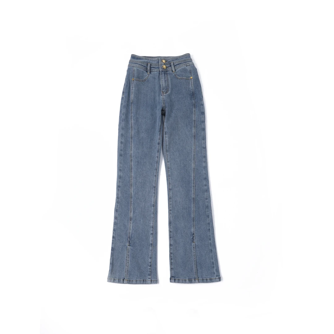 0073蓝色牛仔裤前开衩款高腰直筒时尚休闲百搭春季开叉微喇