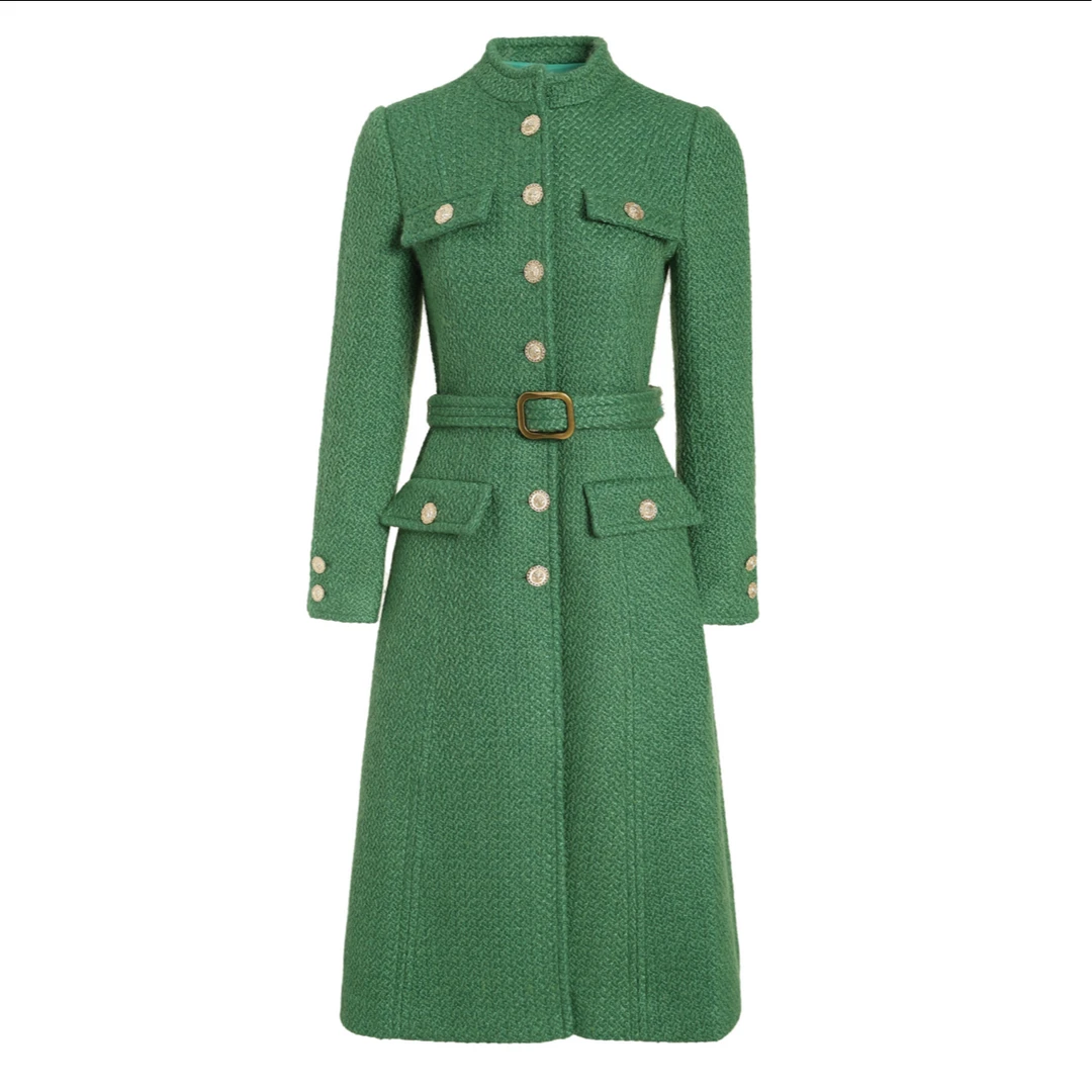 0055中古绿色军旅大衣时尚女士毛呢中长款设计师秋冬双排扣军绿