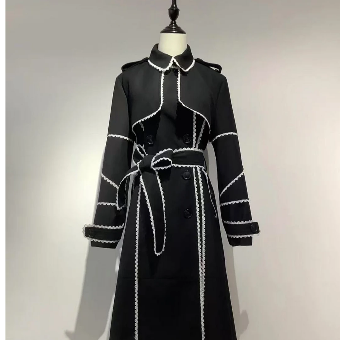 0064白色蕾丝撞色黑色风衣气质轻奢时尚百搭女士毛呢设计师秋冬