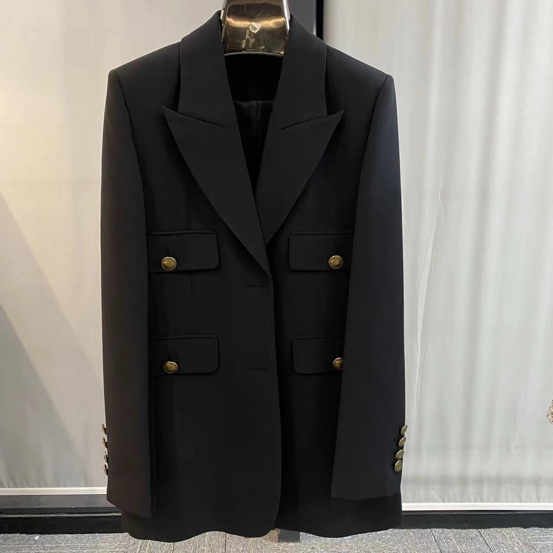 0177复古单排扣长款西装气质长袖时尚休闲西服女士黑色设计师