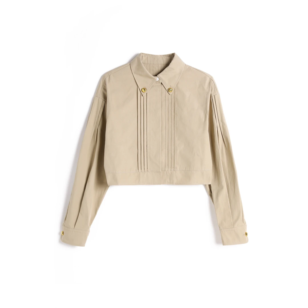 0083卡其色排褶外套上衣女外套秋季女外套显瘦气质长袖时尚女士