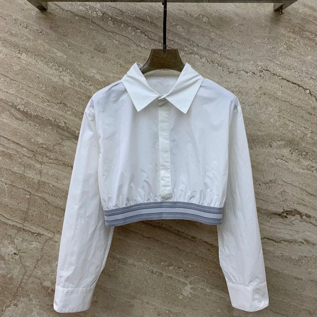 0028简约黑白两色短款衬衫气质衬衣长袖白色短款时尚百搭女士衬衫