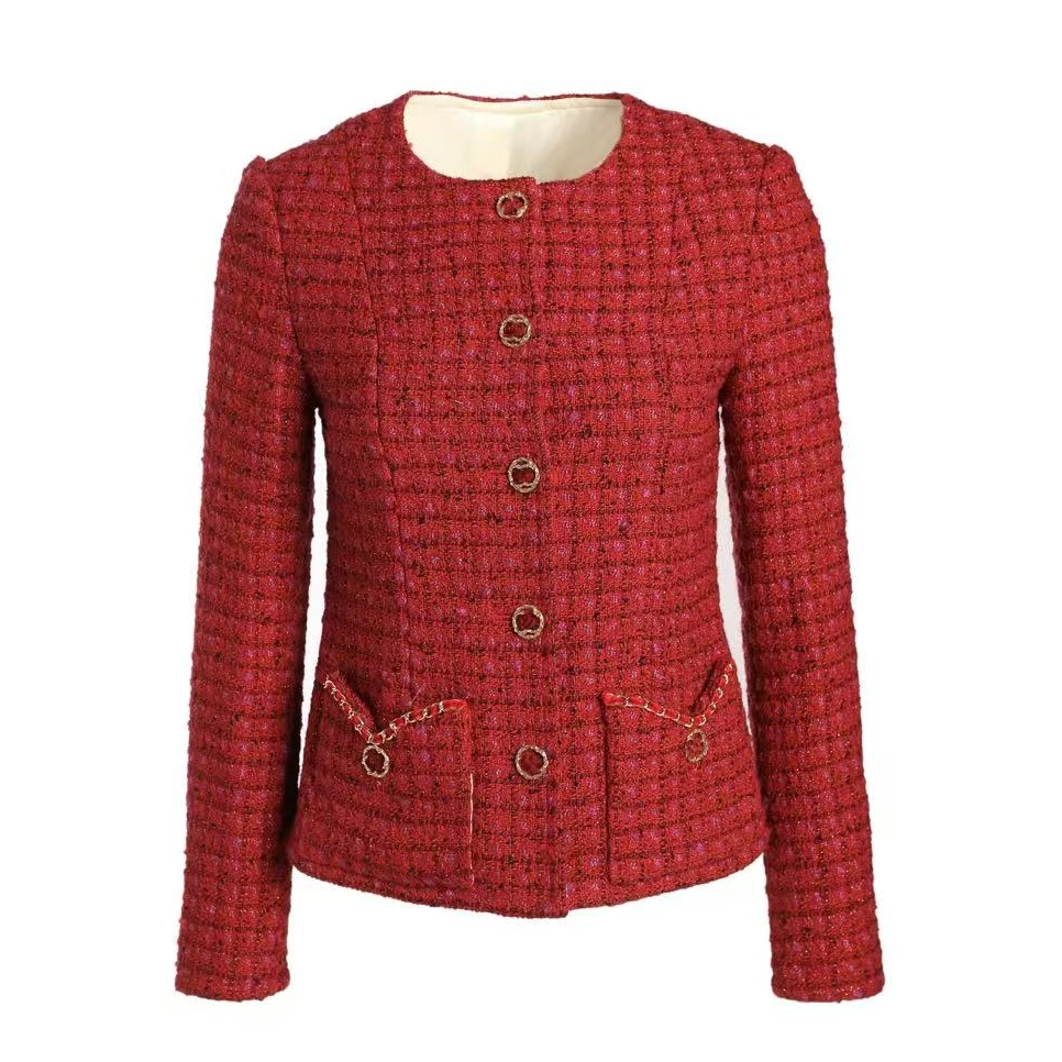 0023红色小香纽扣外套小香风春秋气质长袖短款时尚毛呢粗花呢