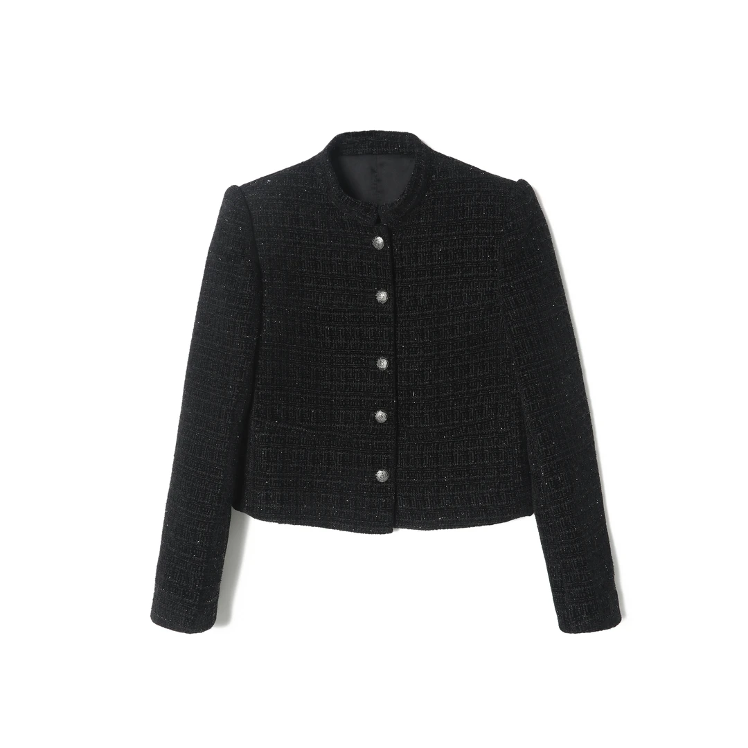 0042黑色立领黑色 外套小香风气质轻奢短款时尚女士编织粗花呢