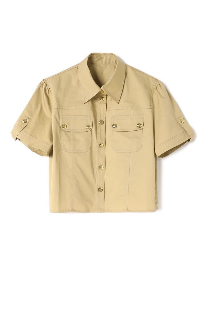 0021工装卡其色衬衫衬衣时尚优雅休闲四季梭织翻领舒适透气衬衫