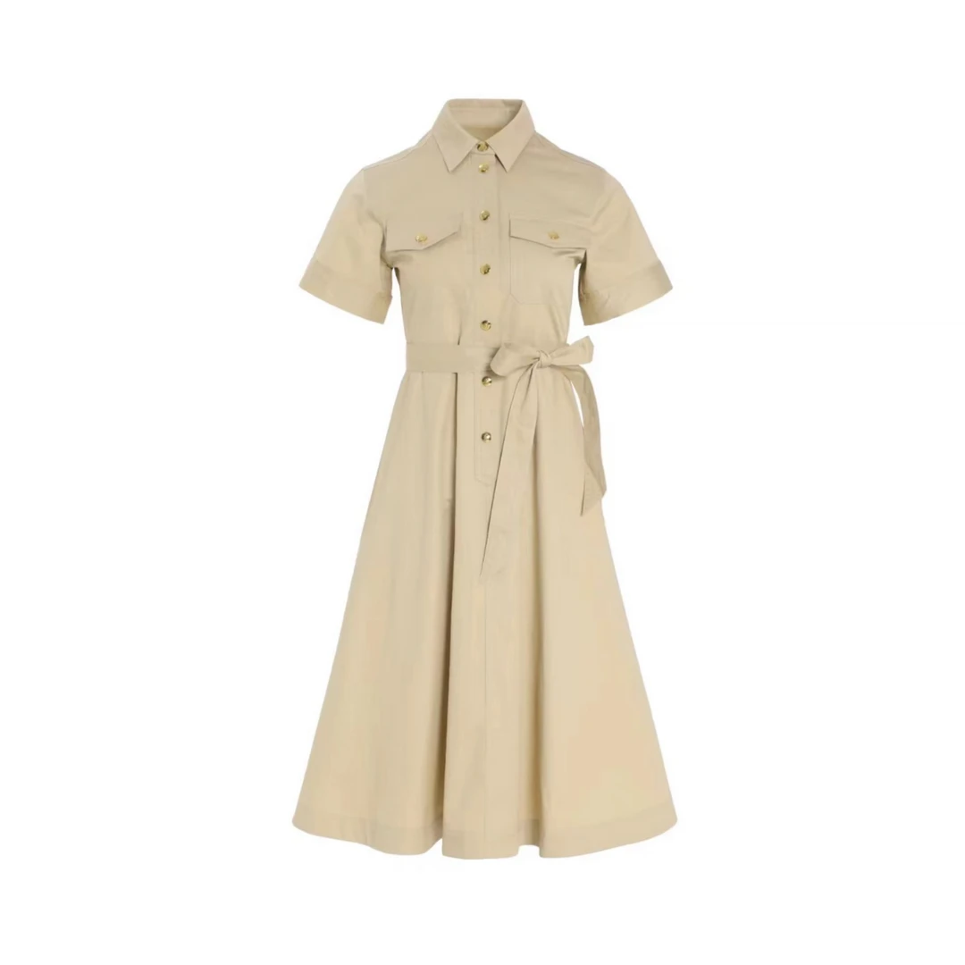 0053女装显瘦连衣裙翻领气质时尚休闲卡其百搭夏季收腰设计师