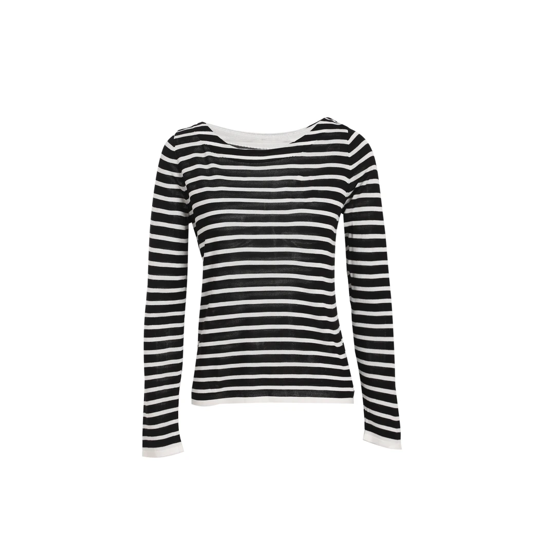 0019春夏秋长袖针织衫时尚女修身条纹黑白撞色舒适针织打底套头衫