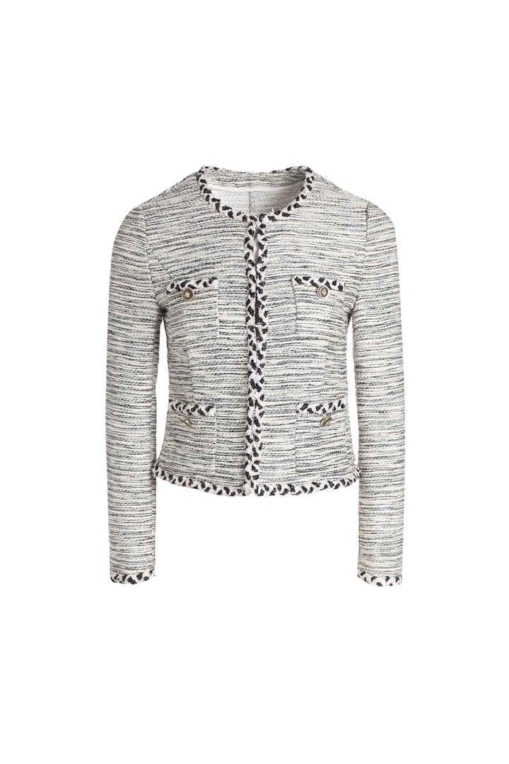 0032黑白条纹四口袋外套小香风气质白色轻奢短款时尚编织粗花呢