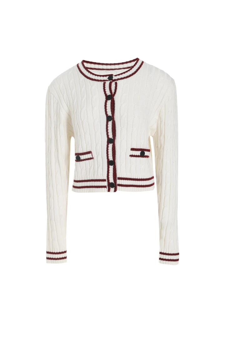 0084学院风拼条针织衫长袖针织衫白色短款时尚百搭条纹高领开衫