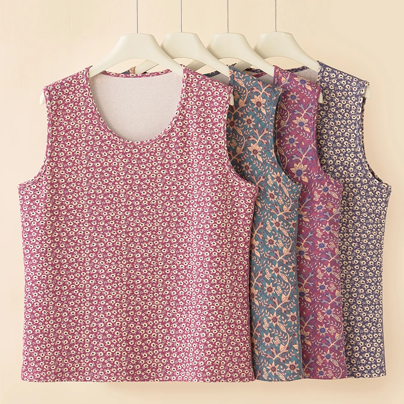 秋冬加肥加大码200斤中老年女妈妈德绒保暖背心女款印花马甲上衣