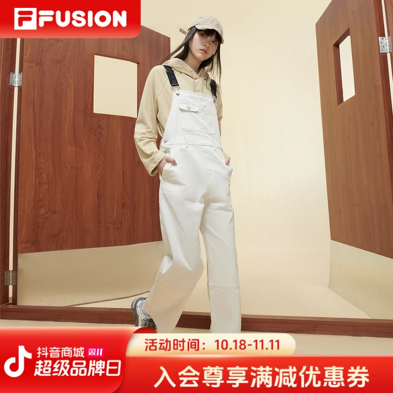 FILA斐乐潮牌梭织背带裤女子新款潮流百搭休闲长裤T11W413301F