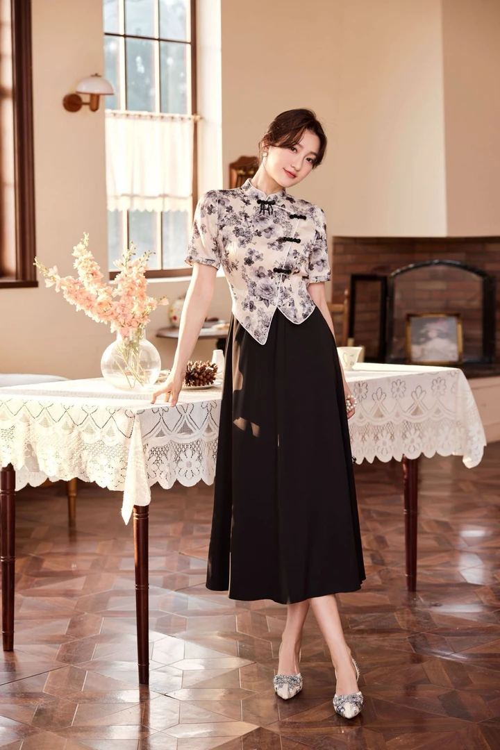 显瘦法式时尚优雅修身裙子长款中国风气质