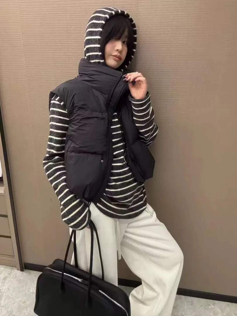 루루가− 韩国东大门egg标2024冬款半拉链条纹磨毛连帽T恤上衣女潮