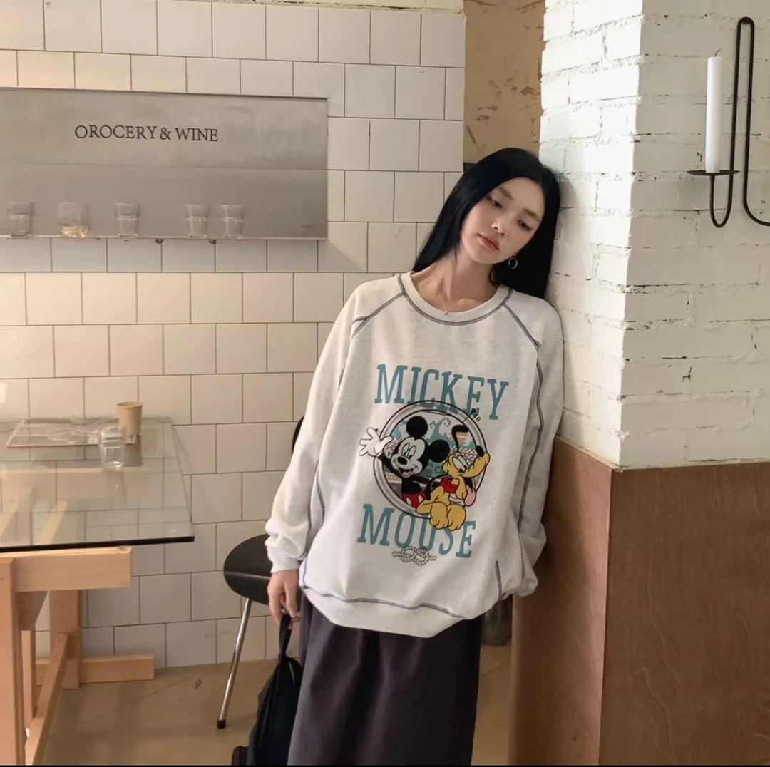 루루가− 韩国东egg大门冬季新款加绒刺绣米奇布鲁斯圆领宽松卫衣百搭