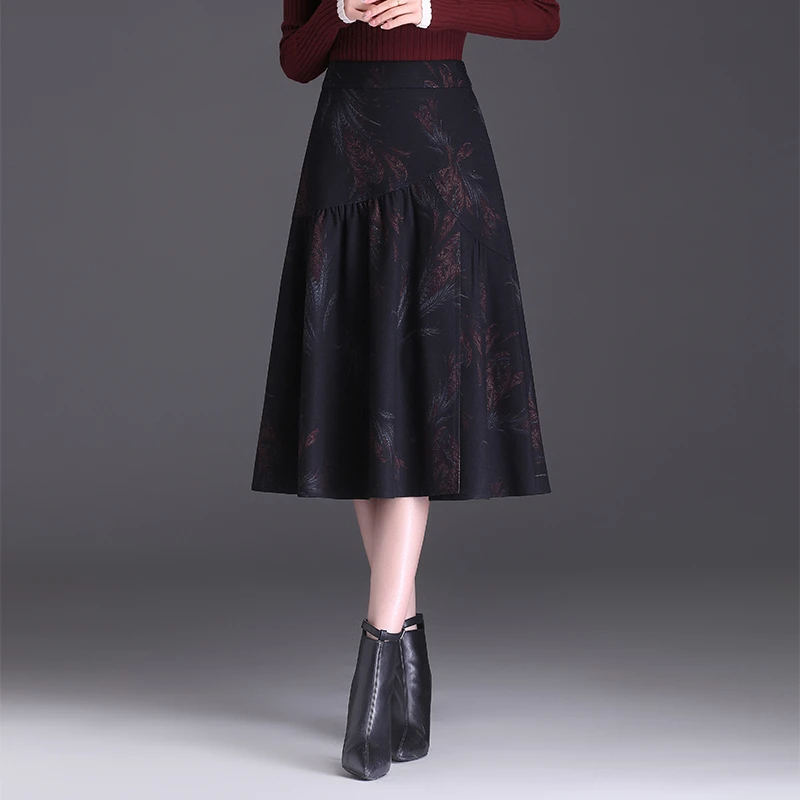印花半身裙秋冬款毛呢长裙时尚洋气妈妈裙子高腰a字伞裙