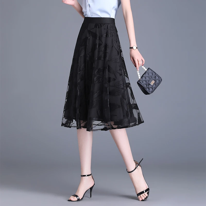 黑色细软纱半身裙女夏纱裙女小个子长裙网纱半裙中年妈妈百褶短裙